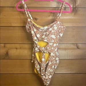 Aerie Floral Open Tie Full Coverage One Piece Swimsuit Strap /Strapless Brown XL